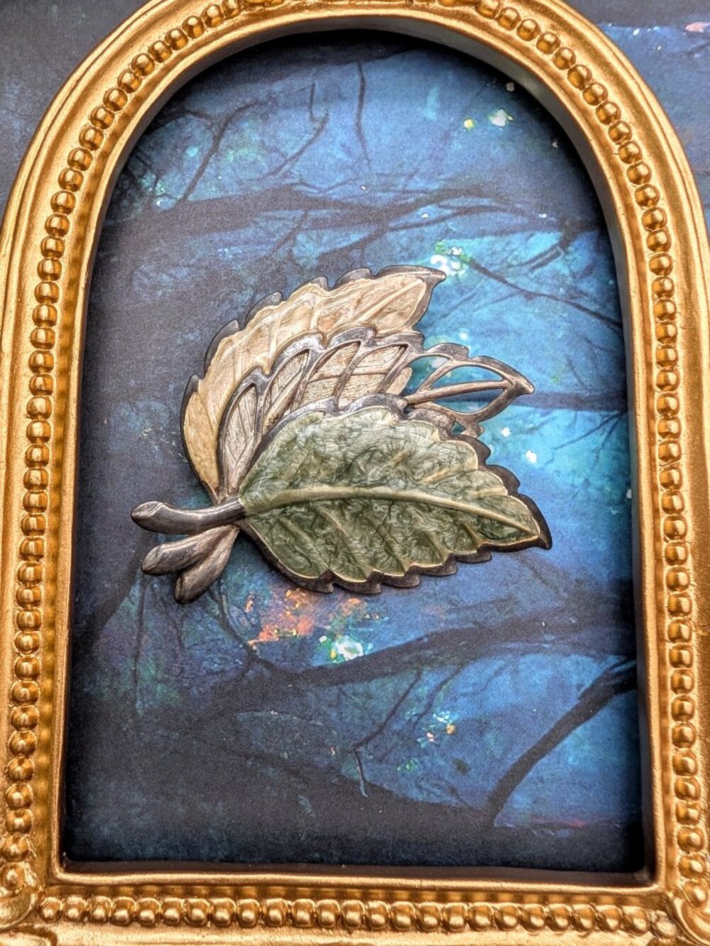 1960's Three Leaf Enamel & Silver Tone Large 3" Statement Brooch